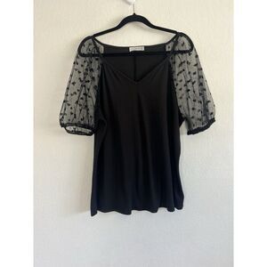 Retrology Women's Size XL Capped Puff Sheer Hearts Sleeves Stretchy Blouse